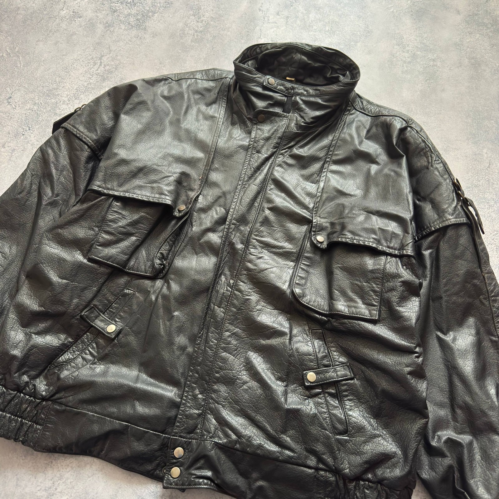 Men’s Vintage Black Leather Jacket Size 52 Oversized Biker Utility Coat Full Zip image 4