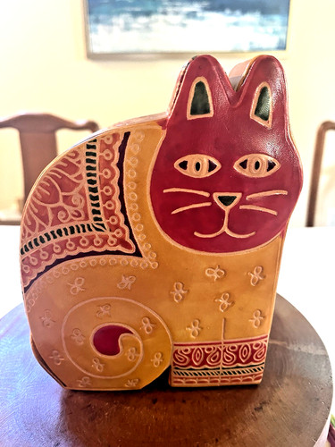 Laurel Burch Leather Red Tooled Cat Charity Tsedakah Coin Bank w/ Snap