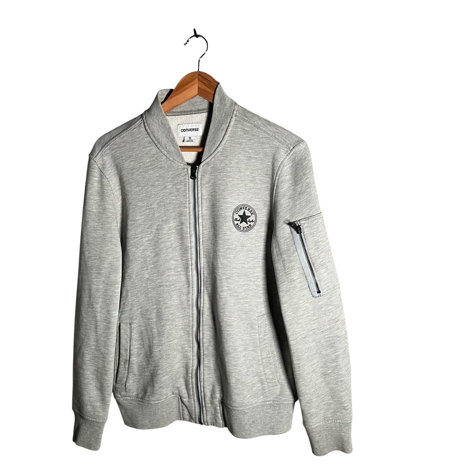 Converse Bomber Jacket Men's Size S Grey All Star Logo Zip Pocket Outdoor