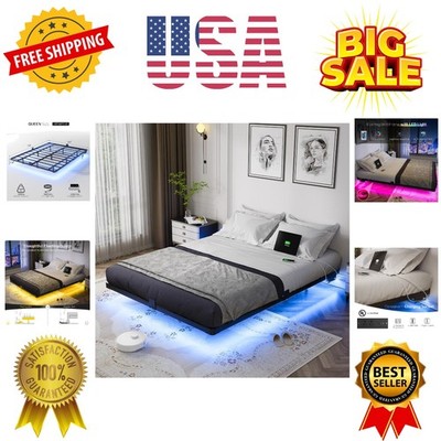 Floating Bed Frame Queen Size with Smart LED Lights and Charging Station - Mo...