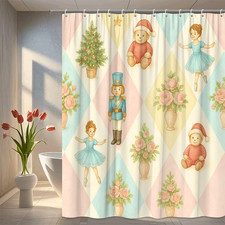 Cute Kids Shower Curtain with Christmas Theme and Floral Design