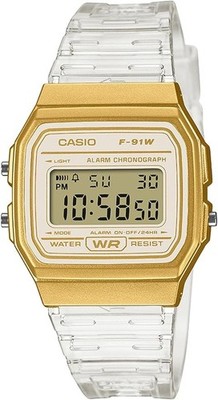 Casio F-91W Digital Watch Gold Face Transparent Clear Resin Band F-91WS-7A2JFNew