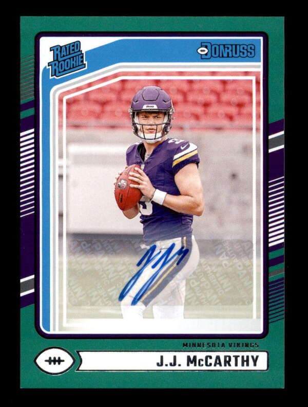 J.J. MCCARTHY 2024 DONRUSS VIKINGS RATED ROOKIE GREEN AUTOGRAPH AUTO RC T6092