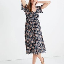 Madewell Blue Oasis Palms Ruffle-Sleeve Midi Dress Size 4