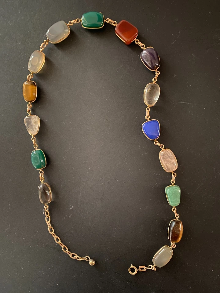 Ancien COLLIER  orné de 15 Pierres naturelles sur monture en plaqué Or laminé - Photo 2/4