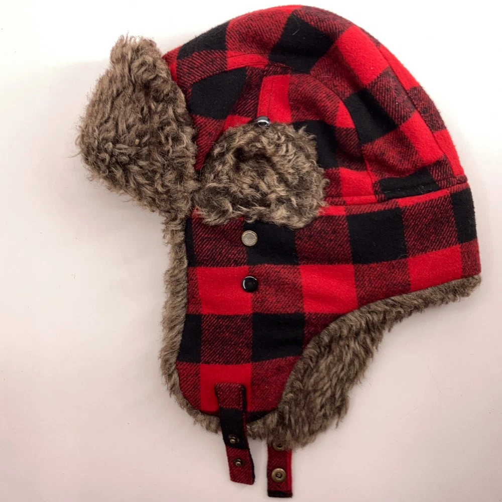 Black Red Plaid Winter Trapper Cap With Snaps Faux Fur