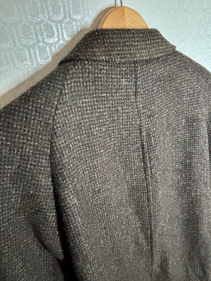 NICE!VTG HARRIS TWEED HANDWOVEN WOOL CHECK GREY BROWN MULTI OVERCOAT +LINER*44 L - Image 4 of 4