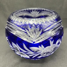 Vintage Cobalt Blue Cut To Clear Bohemian German Trinket Decor Bowl Crystal