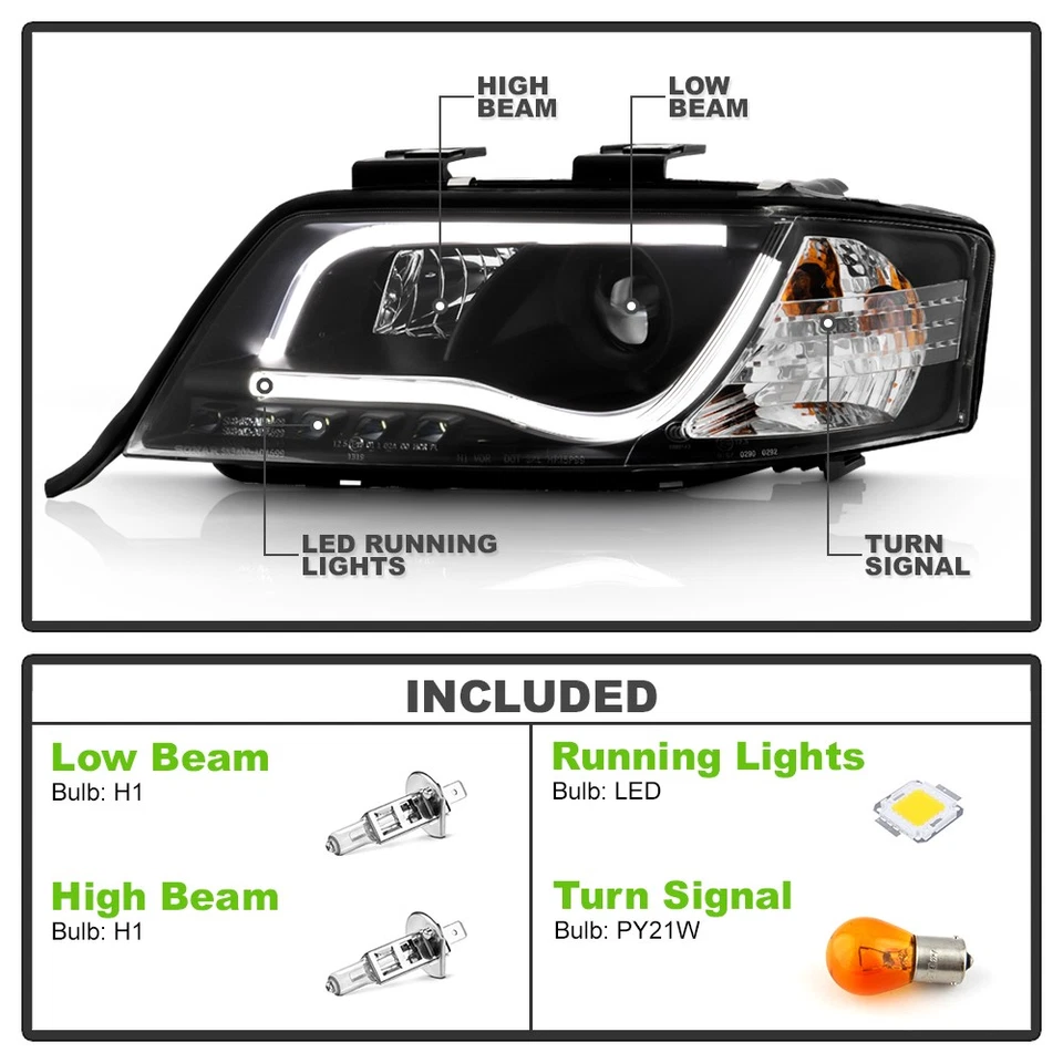 Black 1998-2001 Audi A6 "RS5 Style" LED DRL Projector Headlights 98-01 Headlamps - Image 4 of 4