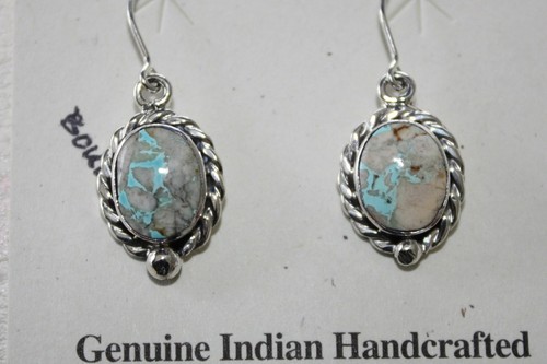 Signed Navajo Made Sterling Silver Boulder Turquoise Earrings - Picture 3 of 4