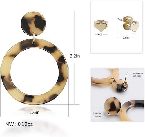 Acrylic Resin Tortoise Shell Drop Hoop Earrings Fashion Statement Dangle Hoops - Picture 6 of 6
