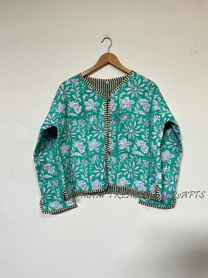 Handmade Jacket Women's Clothing Indian Green Quilted 100%Cotton Floral Jacket