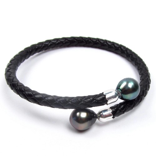 7.5" 9-10mm Tahitian Black Pearl 5mm Leather Flex Bangle Bracelet - Picture 3 of 8