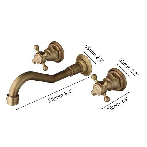 Antique Brass Bathroom Sink Faucet Double Knob Handles Mixer Wall Mount Tub Taps - Picture 2 of 11