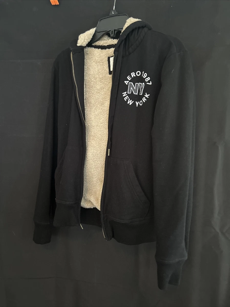 Men s Aeropostale black Sherpa Fur Lined Full Zip Hoodie Jacket Sweatshirt XS