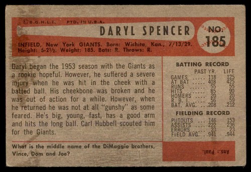 1954 Bowman #185 Daryl Spencer Rookie Card (corner crease) - Picture 2 of 2