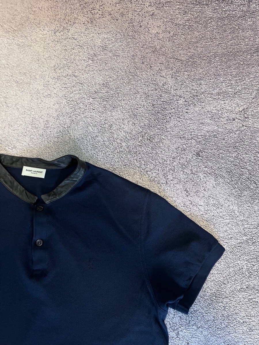 トップス SAINT LAURENT leather neck polo Saint Laurent Men's Polo T-Shirt Blue Leather Collar Size L