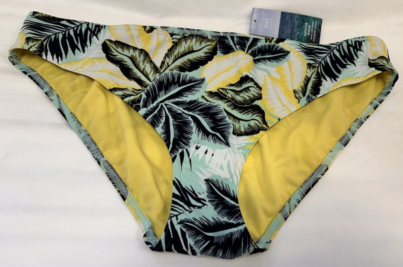 NEW! M&S Marks & Spencer UK22 aqua/yellow leaf pattern hipster bikini bottoms
