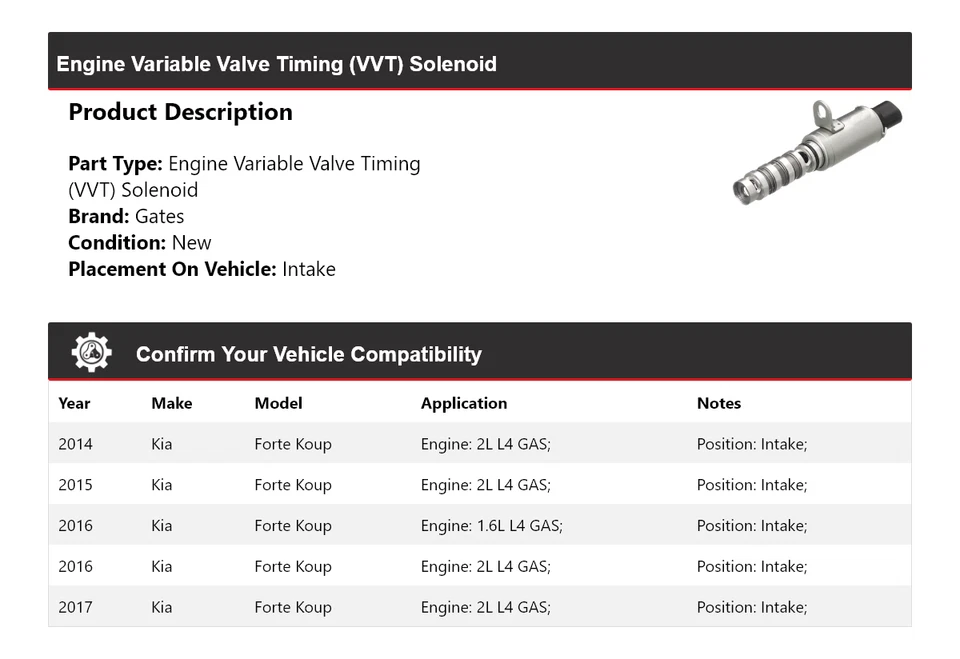 Соленоидные впускные ворота для двигателя VVT Kia Forte Koup 2014-2017 годов выпуска 2015 2016 годов выпуска - Изображение 2 из 4