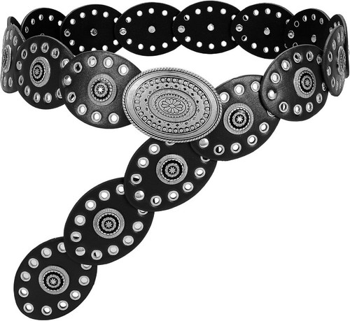 Women Concho Leather Belt Western Belt Vintage Boho Waist Belt for Dress Jeans - Picture 6 of 9