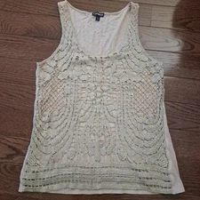 Express Women's Sleeveless Taupe Tan Tank Top Lace Overlay Sz M Glam Shimmer