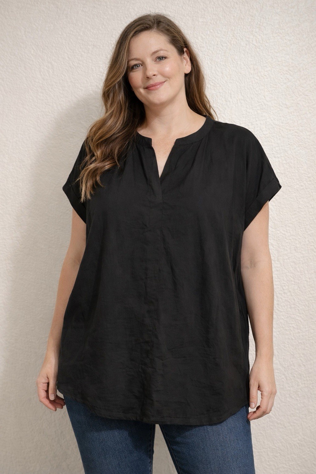 H&M Blouse Women size XL Black Tunic Short Sleeve Light Top