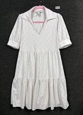 Joseph Ribkoff Dress Womens Size 6 White Eyelet Tiered Collared Midi Summer Boho
