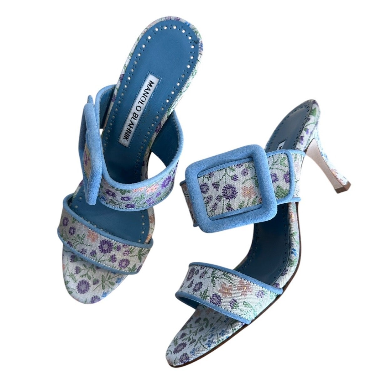 Manolo Blahnik Floral Blue Gable Buckle High Heel Sandal