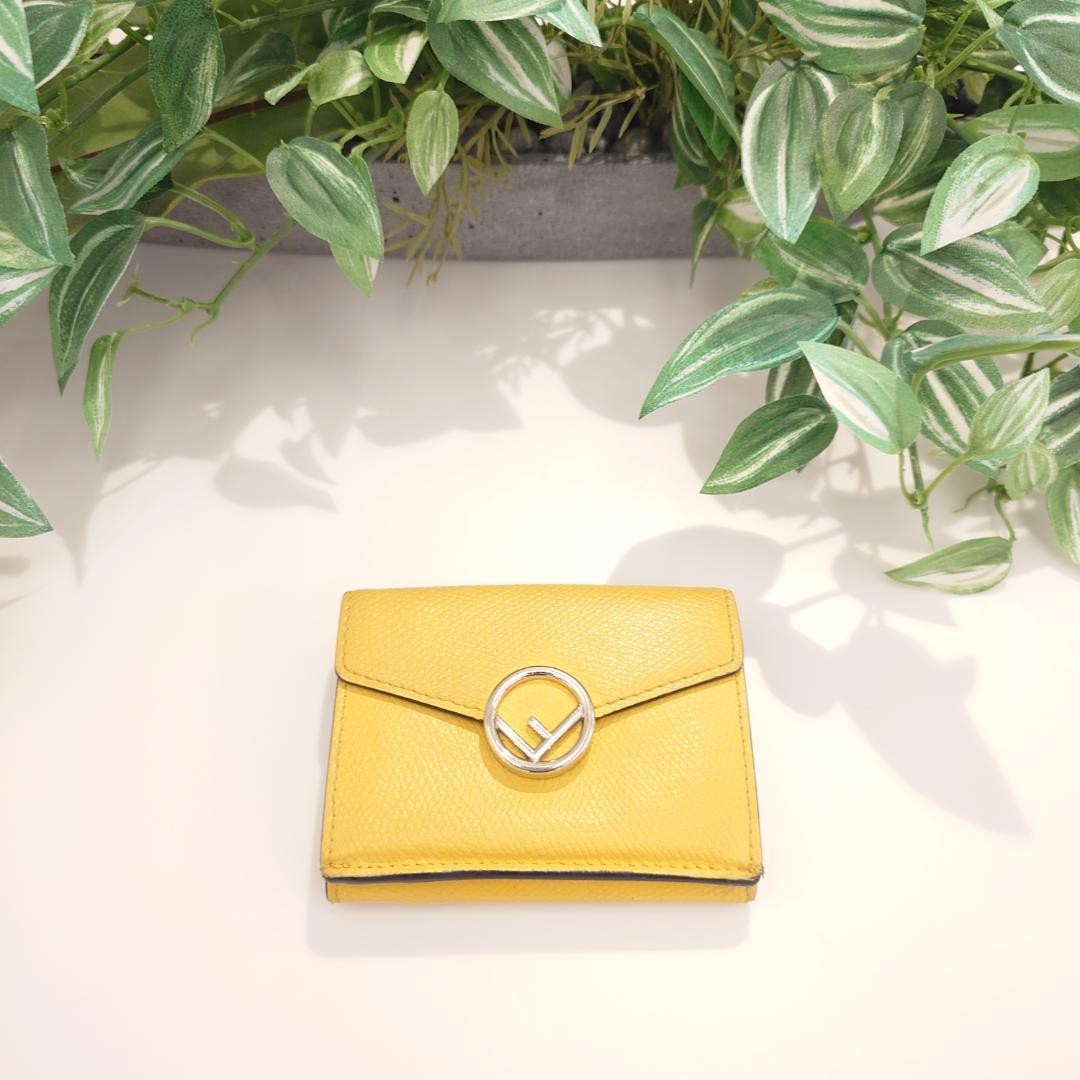 Fendi Fundi Yellow Leather TriFold Wallet Unisex Compact Authentic