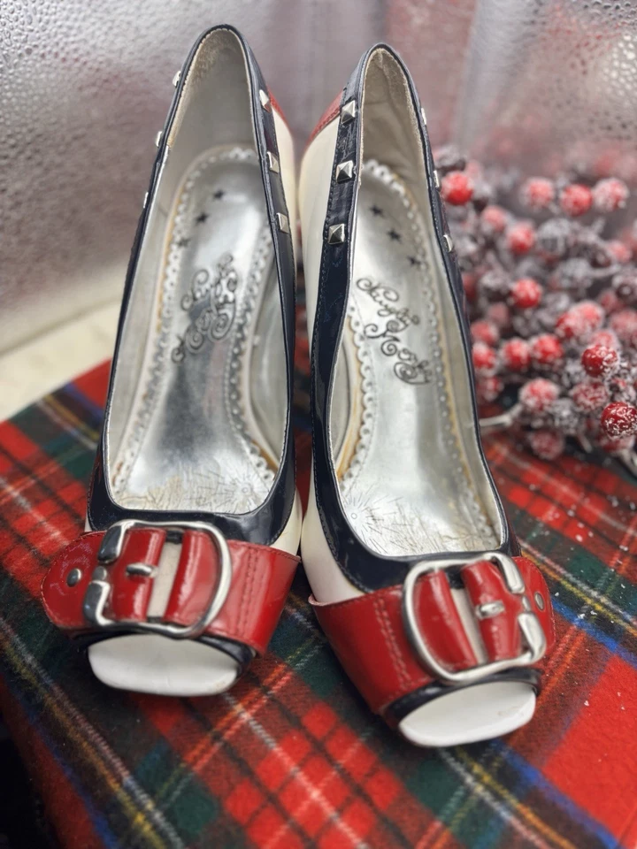 Women's Naughty Monkey Patent Leather Heels Navy Blue White Red - Image 2 of 4