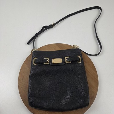 Michael Kors Crossbody Bag Womens Small Black Pebbled Leather Gold Chain Buckle