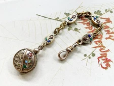 Antique Gold Filled Pocket Watch Chain Fob with Enamel Flowers & Etruscan Work