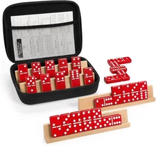 Jumbo Dominos Set for Adults with 4 Wooden Racks/Trays, Double 6 Dominoes Red