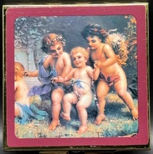 Vintage Gold Tone Compact Hand Mirror with Cherubs Angels Design 7 Pill Holder