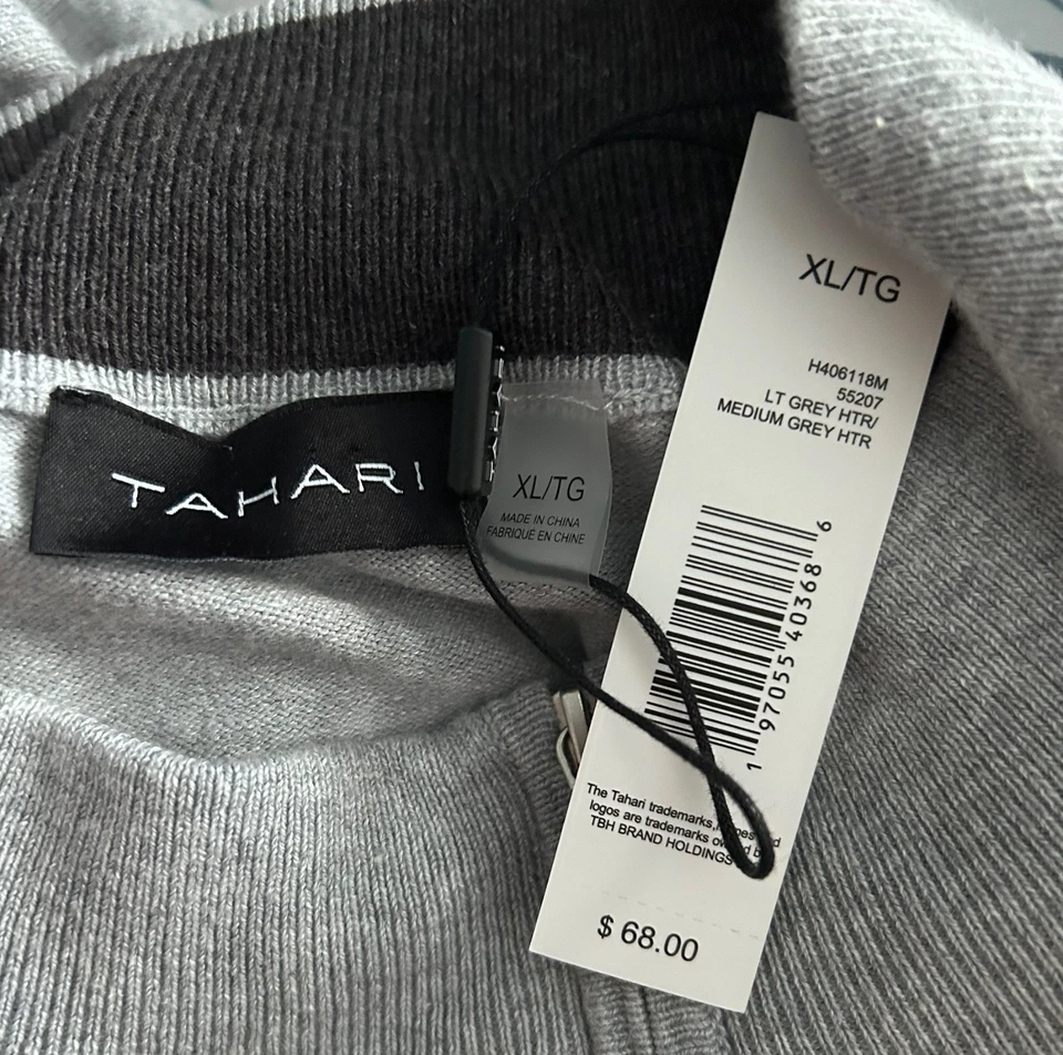 ¡NUEVO CON ETIQUETAS! Suéter Tahari Gris Claro Cremallera Cuarto Hombre, Manga Larga, XL, Orig. $68 Foto 3 de 3