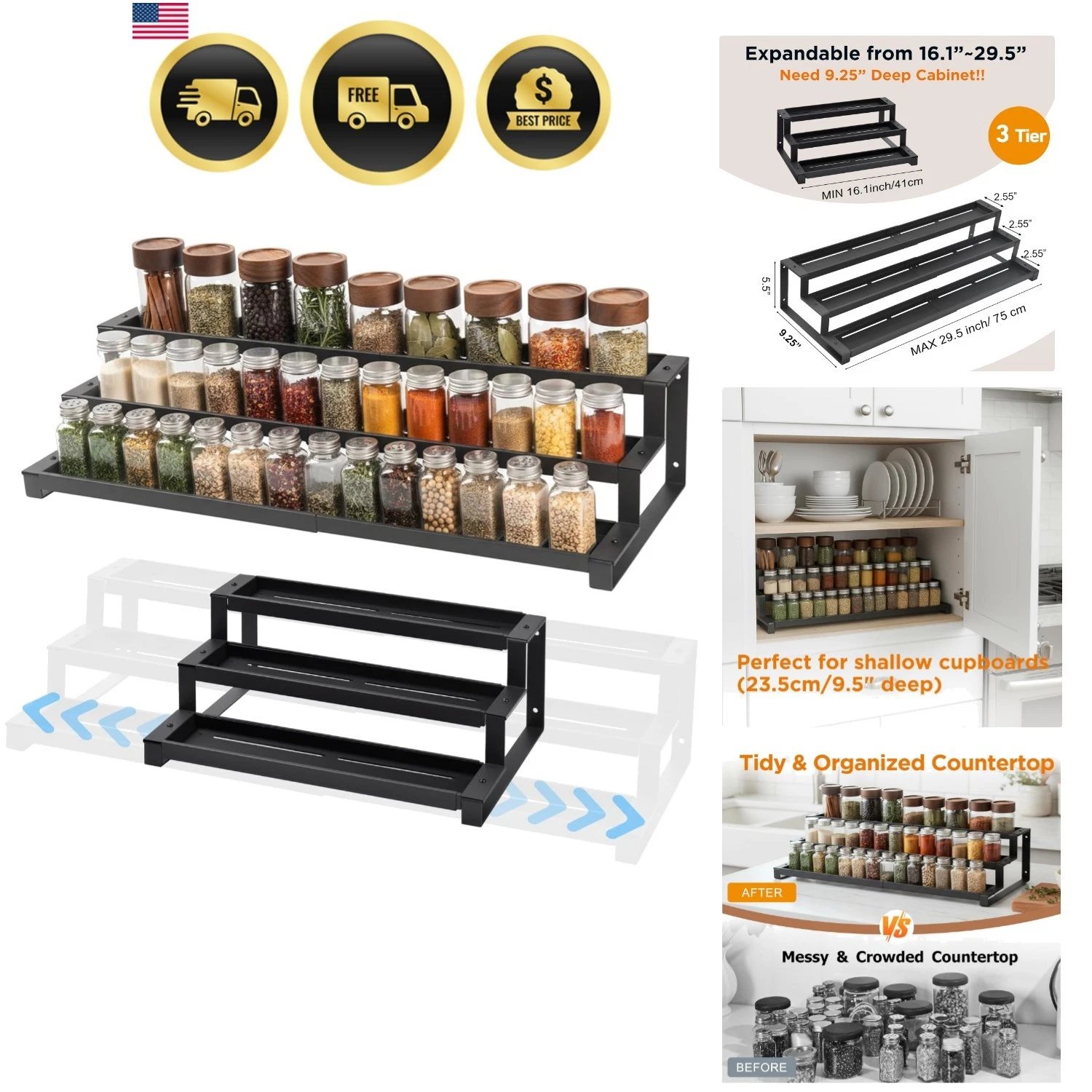 3-Tier Spice Rack Organizer for Kitchen Cabinet or Pantry, 16"-29" Expandable...
