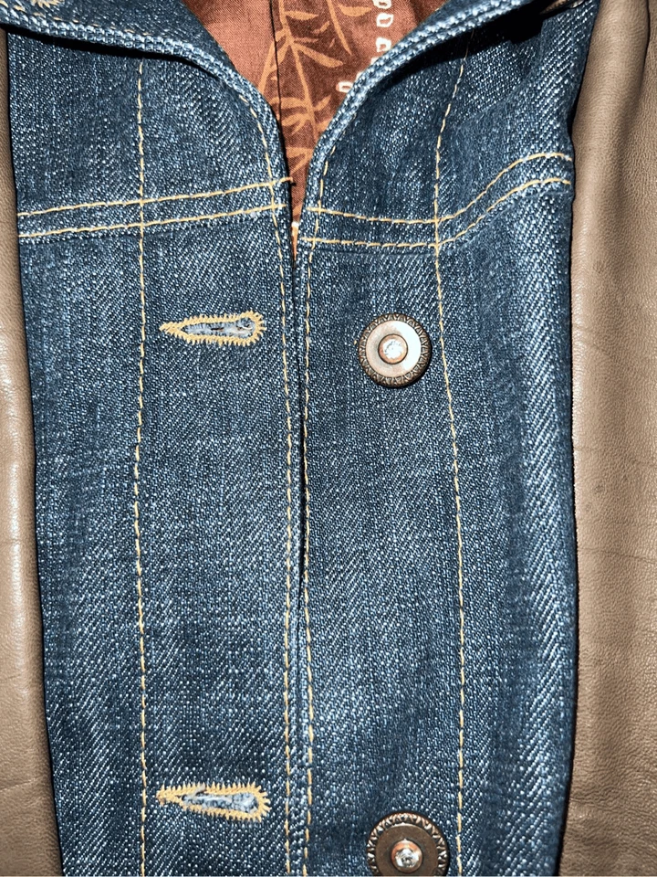 Cache Brown Leather & Dark Denim Blazer Jacket Retro Style Button Up Lined | Siz - Image 4 of 4