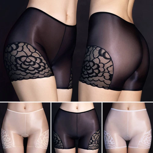 Women Boy Shorts Sheer Lace Glossy Panties See-through Boxer Shorts Underwear - Picture 2 of 22