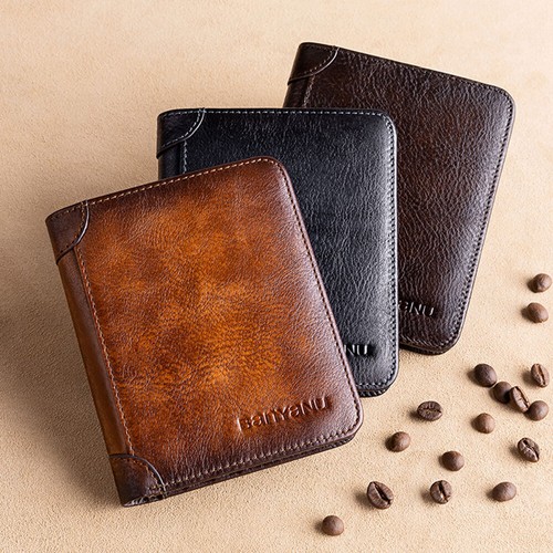 Genuine Leather Men Bifold/Trifold Wallet RFID Blocking Credit Card Holder Retro - Picture 1 of 22