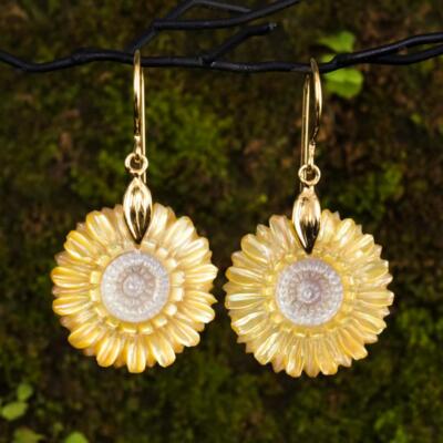 Margueritenblumen Ohrringe Aus Muschel & Gold Vermeil Sterlingsilber 4,43 G