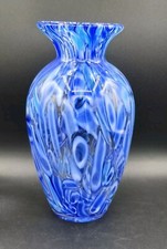 Vintage Studio Art Glass Vase Hand Blown, Blue White Clear Stretch Design 10x5"