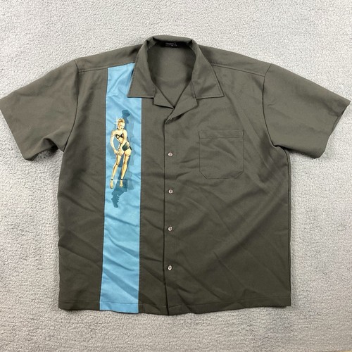Vintage Steady Classics Bowling Shirt Herren XXL grau Grafikdruck Kurzarm