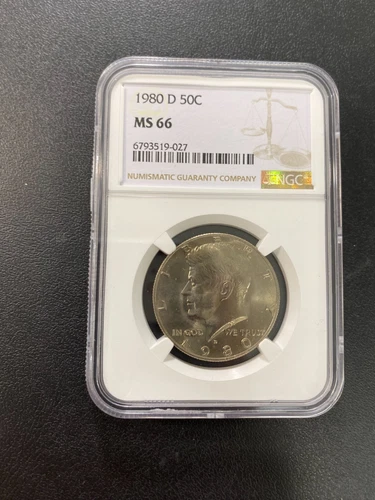 1980 D KENNEDY HALF DOLLAR NGC MS-66 - UNCIRCULATED - CLAD - CERTIFIED SLAB -50C