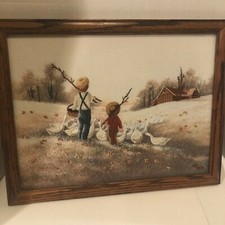 Vintage Completed Needlepoint Canvas Country Barn Fishing Boys Geese
