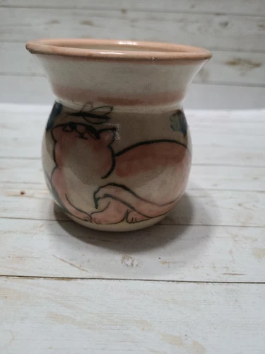 Studio Art Pottery Mug Cat With Flowers Signed