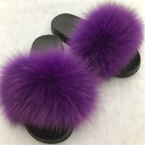 Purple -Womens Real Fox Fur Slippers Slides Sandals Indoor Outoor Fluffy  Shoes | eBay