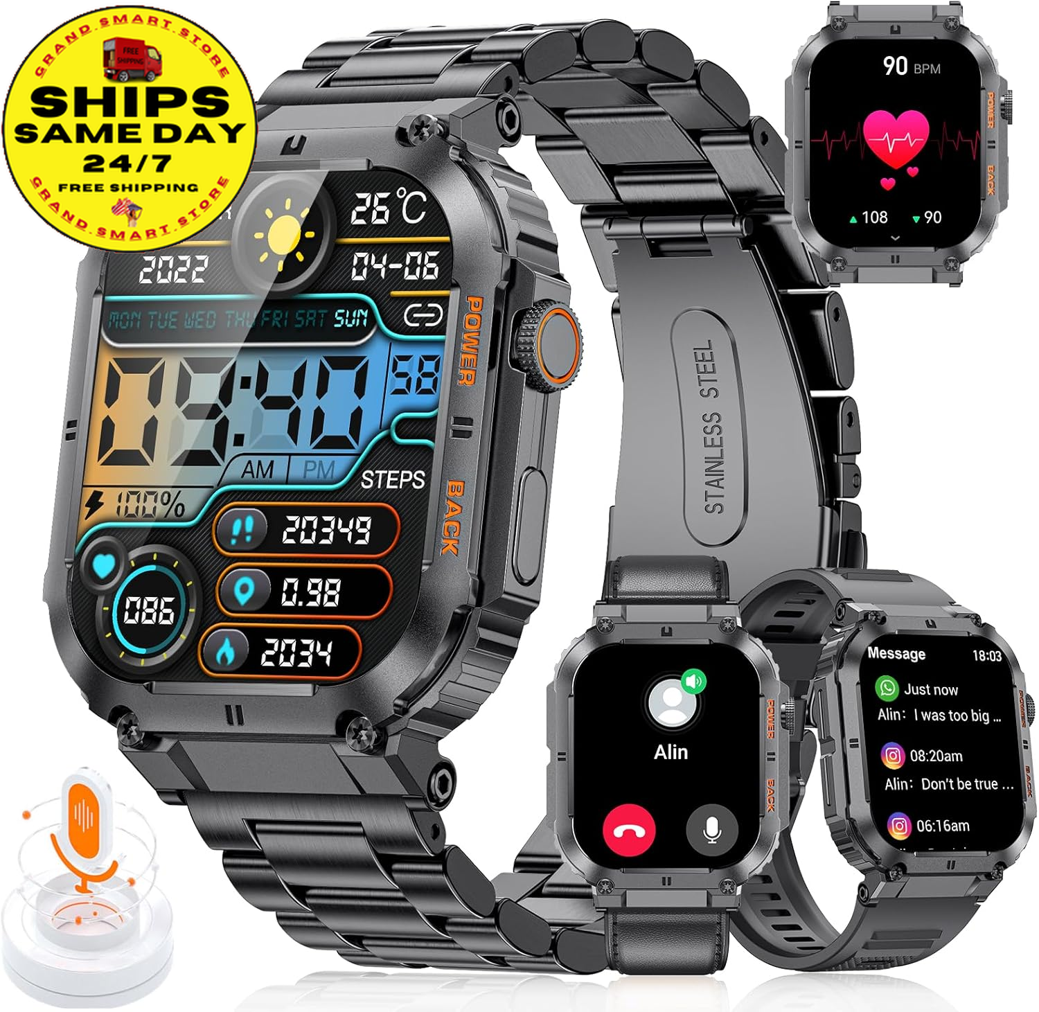 Military Smart Watch for Men (3 Straps), Fitness Tracker with 100+Sports/Heart R