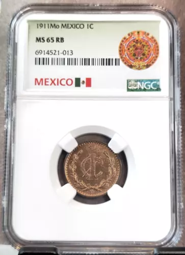 1911 MEXICO 1 CENTAVO 1C NGC MS 65 RB BEAUTIFUL RARE GEM BU RED BROWN