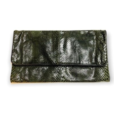 Vintage Snake leather large clutch bag, green/black snake with black piping