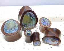 PAIR Abalone Shell Teardrop Sono Wood Saddle Plugs Organic Gauges Tear Drop